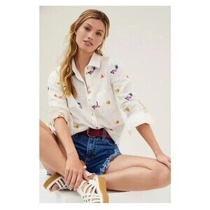 Anthropologie Maeve Embroidered Koi Fish White Button Down Rolltab Sleeves 4